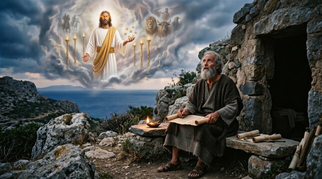 Apostle John writes the Book of Revelation while watching a vision of Jesus Christ appearing in the clouds. Biblical scene representing prophetic scripture, faith, and divine inspiration.