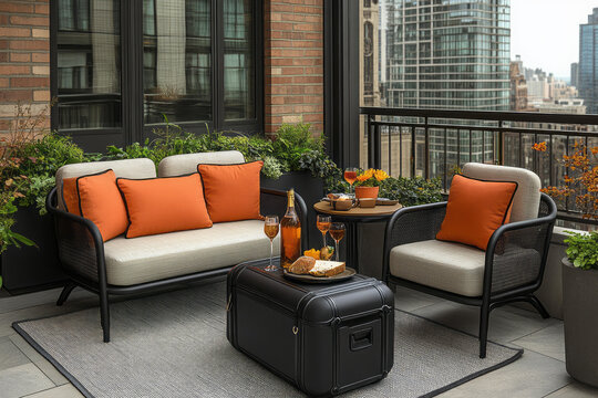 Rooftop terrace with cozy sofa orange pillows modern table chairs outdoor plants city skyline background stylish urban lifestyle relaxation atmosphere