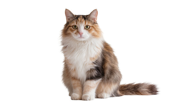 Fluffy calico cat with long fur sitting and looking forward
