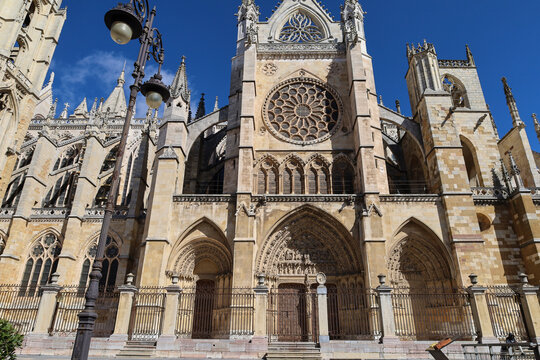 West front of The Cathedral of Leon (Saint Mary of Regla) in Leon city, Spain