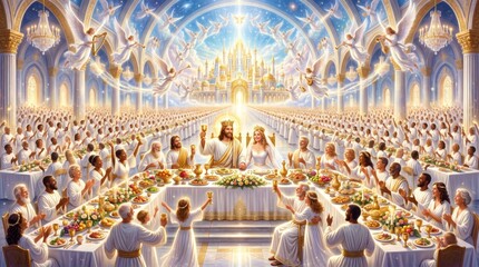 Fototapeta premium Jesus and woman sitting at marriage supper of the lamb in heaven. Group of people eating together in spiritual feast. Religious celebration, eternal life and divine banquet concept.