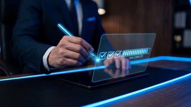 Executive using digital stylus on holographic screen to sign off on project checklist with progress bar showing ninety five percent completion in dark corporate office background