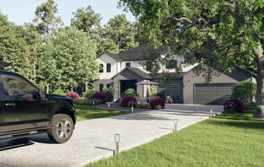 Modern two-story house with a large concrete driveway and pickup truck © sanchopancho