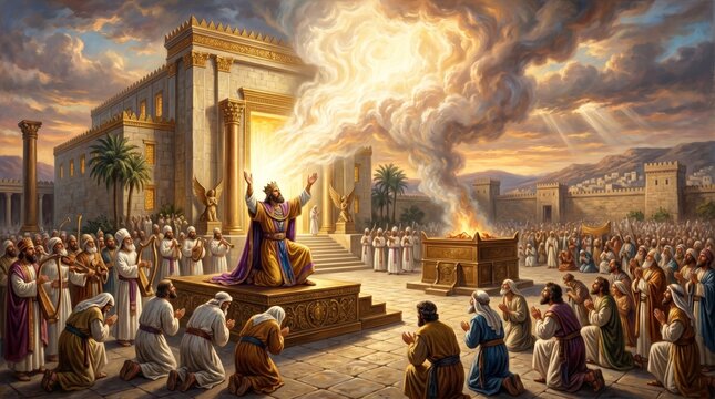 King Solomon praying before the temple with a congregation. Biblical scene of worship and sacrifice with divine fire descending. Historical religious tradition and spiritual devotion.