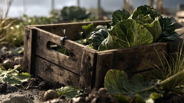 Wooden crate with fresh leafy greens and soil in agricultural food recovery setting