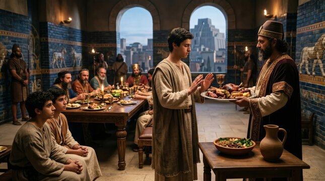 Young man refusing food from a king at a banquet in an ancient palace. Historical scene of Daniel or a prophet turning away from luxury feast. Biblical narrative and cultural tradition.