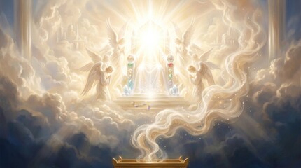 Fototapeta premium Angel circling golden throne in heaven. Winged celestial being worshiping divine light among white cloud. Religious spiritual scene for Bible illustration and Christian worship concept.