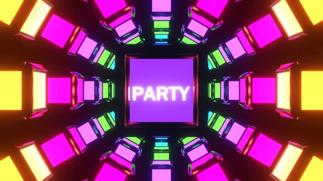 Multicolor Flashing Rotating Cube with Text Party Background VJ Loop in 4K