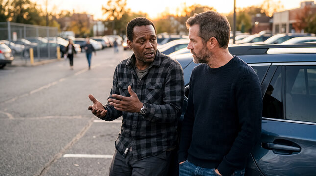 male colleagues parking lot support workplace conversation stress business friendship warm support concept about two male colleagues talking beside cars after work and offering practical emotional