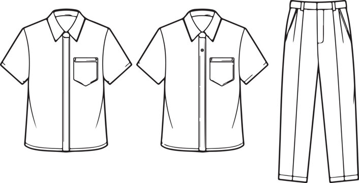 Fashion technical sketch of short sleeve shirt and trousers pants vector design template