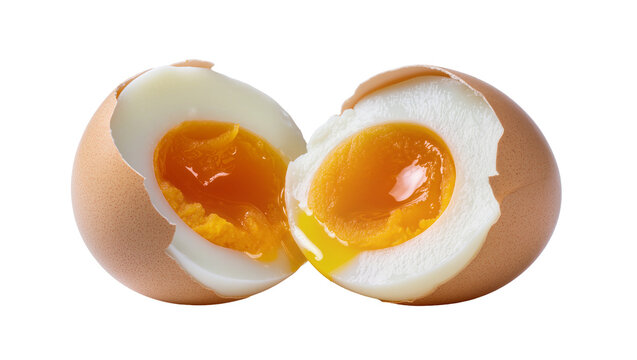 Soft boiled egg cut in half showing runny yolk and white