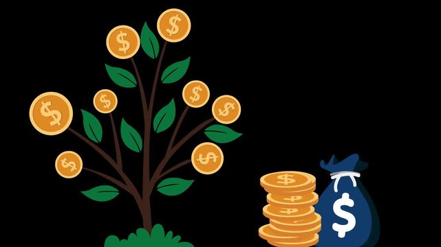 Flat animation of a money tree with coin fruits, stacked coins and a cash bag business growth savings and profit concept, Money tree with coins and cash bag animated