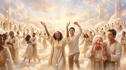 Fototapeta premium Diverse group of happy woman and man celebrating in heaven. Radiant angels in white golden robes dancing on glowing clouds. Spiritual afterlife concept, divine peace, eternal joy, faith.