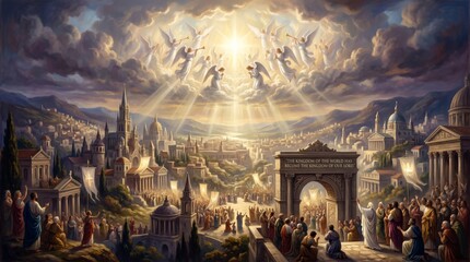 Fototapeta premium Angelic beings descending from heaven over a divine city with people worshiping. Biblical scene depicting the kingdom of god and afterlife. Spiritual illustration for religious concept.