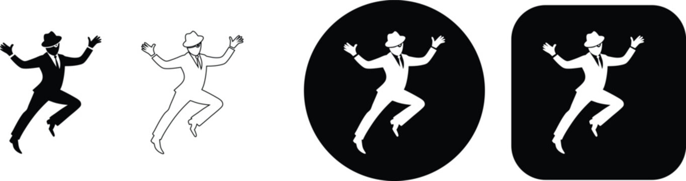 Set of four featuring a silhouette of a man in a suit and hat jumping, presented in solid, outline, and button styles
