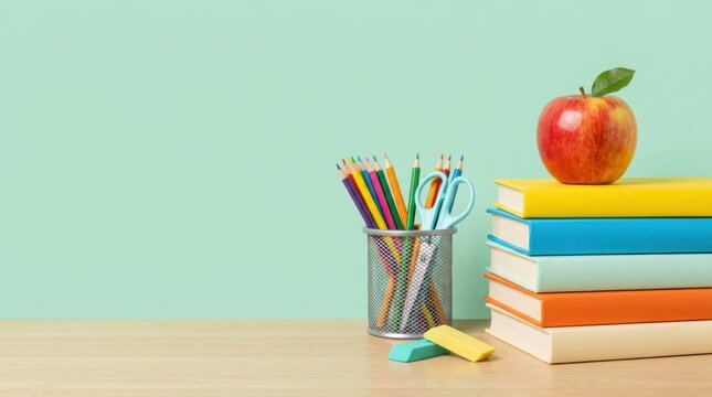 Back to School Supplies Books Apple Pencils on Desk Mint Green Background Concept
