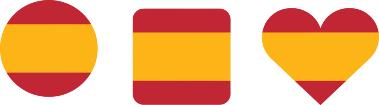 Spain flag icon set with circle rounded square and heart shapes isolated on white background