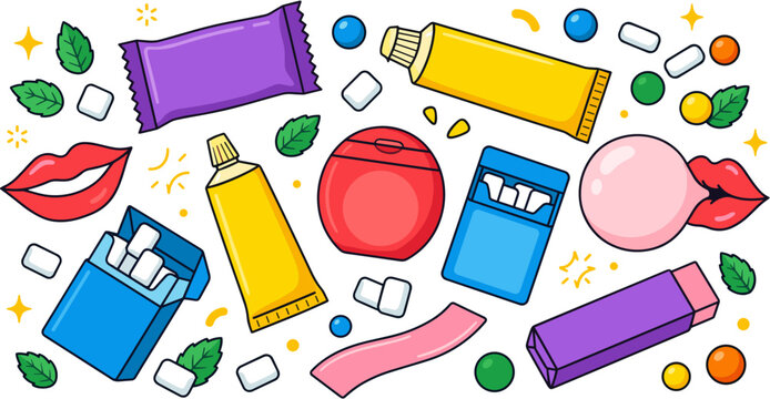 Colorful chewing gum and dental care products illustration on black background.