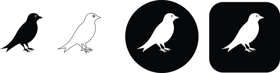 Obraz premium Four black and white bird featuring a small bird with an eye, presented as silhouettes, outlines, and button
