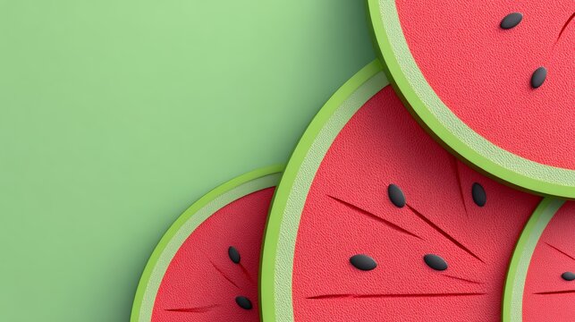 Close Up 3D Watermelon Slices with Green Blank Space Summer Fruit Background Template