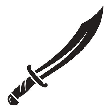 Black curved sword with handle and guard on white background icon