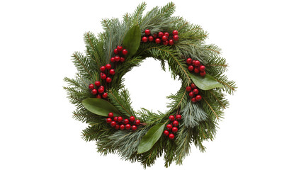 Christmas wreath with pine needles holly leaves, and red berries © Leon