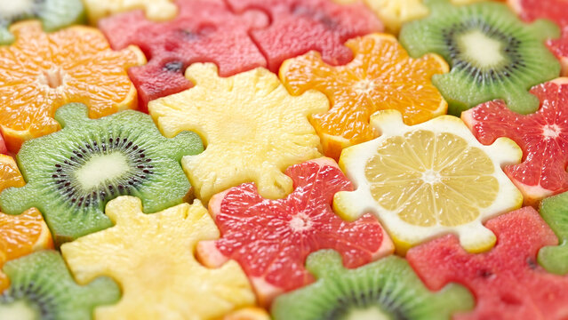 Verschieden Obstsorten in Puzzleform