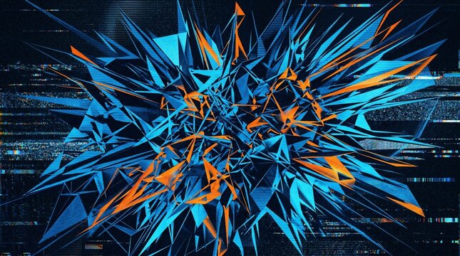 Abstract blue and orange sharp geometric shards on dark digital glitch background.