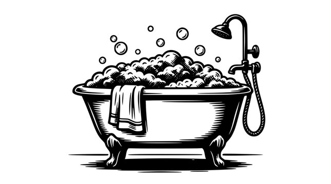 A black and white illustration of a bubble filled bathtub