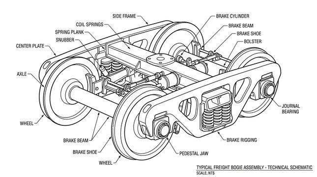 Technical schematic diagram of a typical freight train bogie assembly with labeled components.