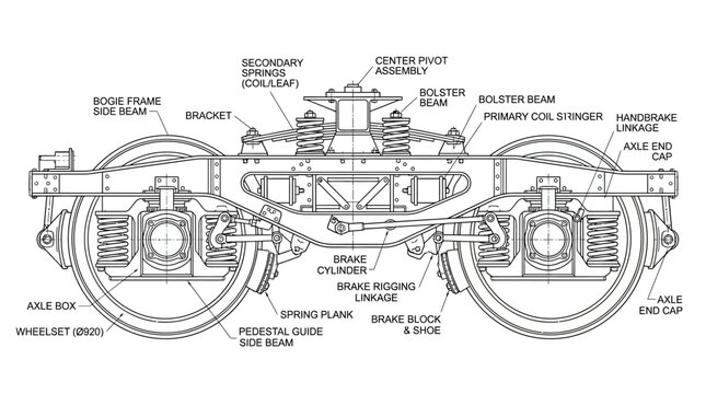 Technical diagram showing the structural components of a railway train bogie assembly.