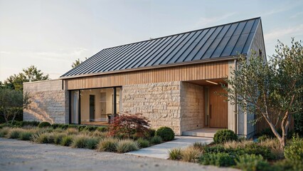 Fototapeta premium Modern stone house with a metal roof stands surrounded by landscaping and olive trees under a clear blue sky.