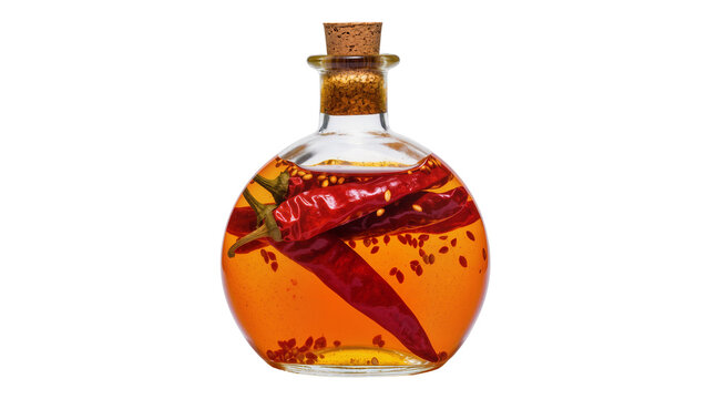 Glass bottle with red chili peppers infused in orange oil