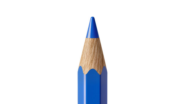 Blue colored pencil with sharpened tip and wood grain
