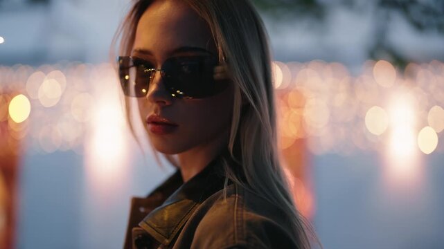 Beautiful young blonde woman with stylish sunglasses and a leather jacket posing at night, looking at the camera with blurred city lights creating a beautiful bokeh effect in the background