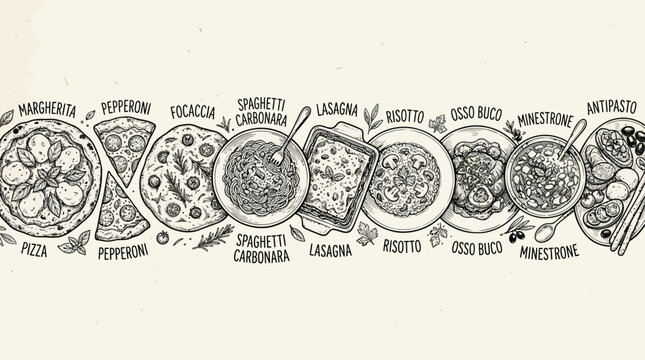 Vintage style Italian pizza and pasta dish sketches.