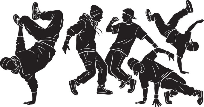 Dynamic breakdance silhouettes in motion during a street dance battle against a white backdrop conceptualizing urban youth culture
