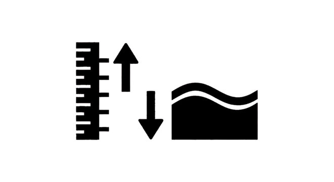 Minimal black silhouette icon, simple flat vector, bold black shape, no gradients, no shading tide level icon with measuring scale and water wave on a, flat icon style