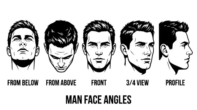 Black and white vector graphic illustration of man face angles