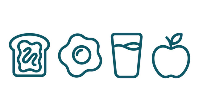 Healthy Breakfast Icons: Toast, Fried Egg, Water, and Apple on White Background