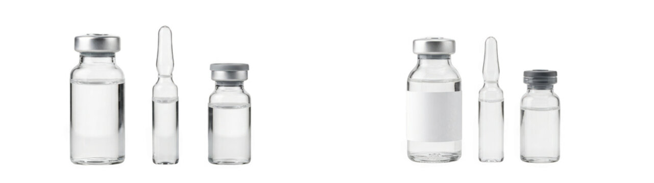 Medical glass vials and ampoules for injection isolated on transparent background
