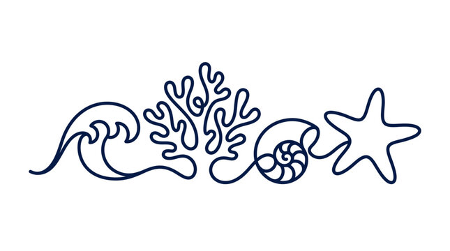 Oceanic Border Design: Wave, Coral, Seashell, Starfish - Minimalist Line Art