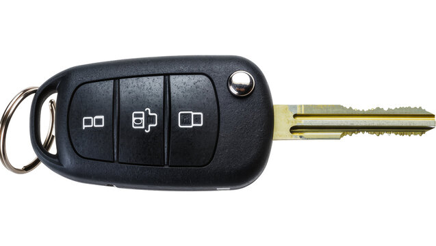 Black car key fob with three buttons and metal key