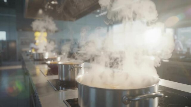Steam Rising From Cooking Pots in a Professional Commercial Kitchen Setting