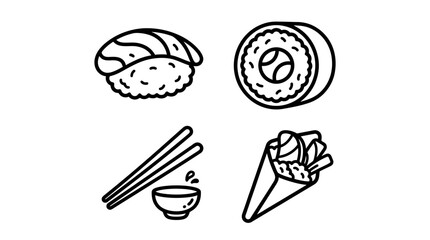 Japanese Sushi Food Icons: Nigiri, Maki Roll, Chopsticks, Soy Sauce, and Temaki © Civic