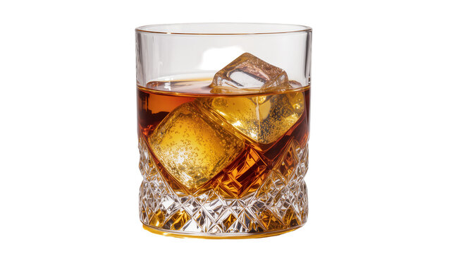 Amber whiskey in faceted glass with ice cubes