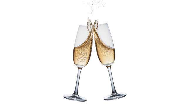 Champagne glasses clinking with splashing bubbles and liquid