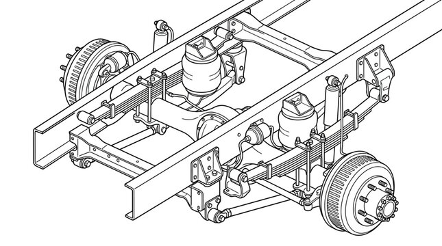 Technical illustration of a heavy duty truck chassis with air suspension and leaf springs.