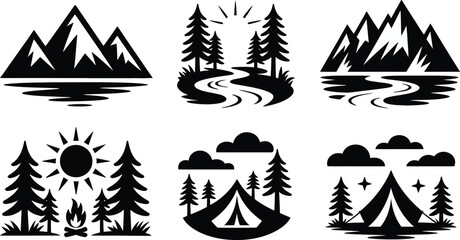 Fototapeta premium Outdoor wilderness camping silhouettes with mountains, rivers, pine trees, tents, campfire, sunrise, sunset, and starry night vector illustration