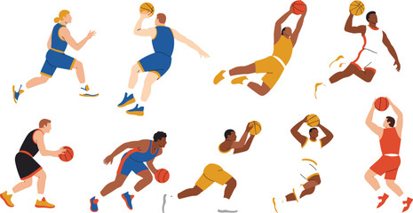 Basketball players character vector set with athletes running dribbling jumping shooting and dunking in flat design © Yesrath Hasan Sobuj